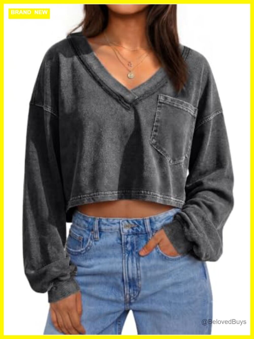 V Neck Acid Washed Crop Sweatshirt Raw Edge Loose Fit Y2K Grunge Streetwear